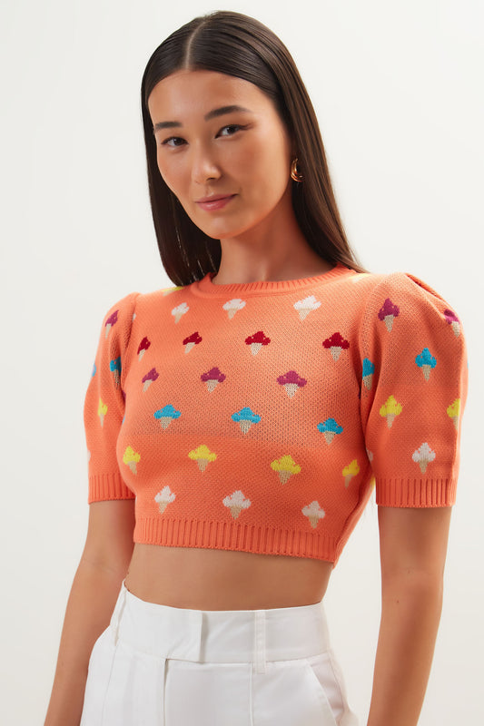 BLUSA CROPPED TRICOT JACQUARD SORVETE LARANJA