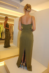 VESTIDO LONGO DECOTE RETO BORDADO VERDE OLIVA