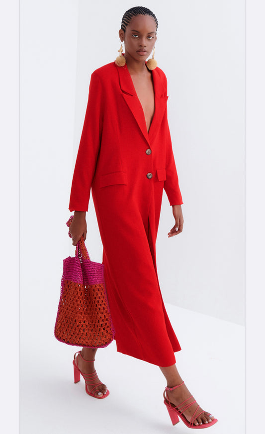 CASACO LONGO TRENCH COAT COM BOLSOS VERMELHO