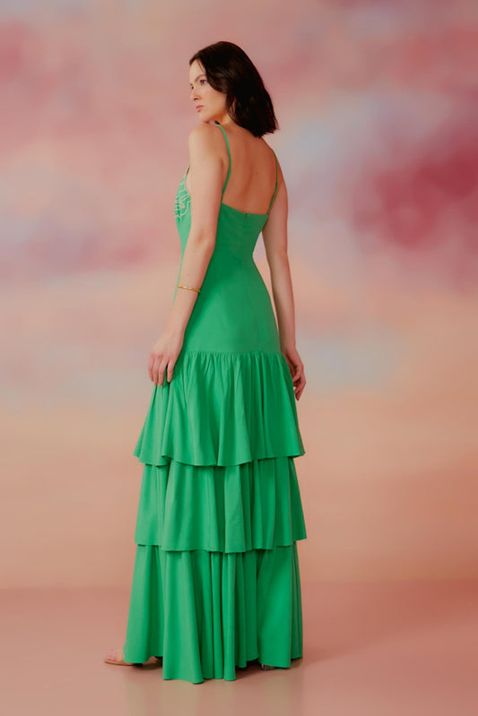 VESTIDO LONGO BABADOS RICHELIEU VERDE