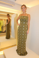 VESTIDO LONGO DECOTE RETO BORDADO VERDE OLIVA