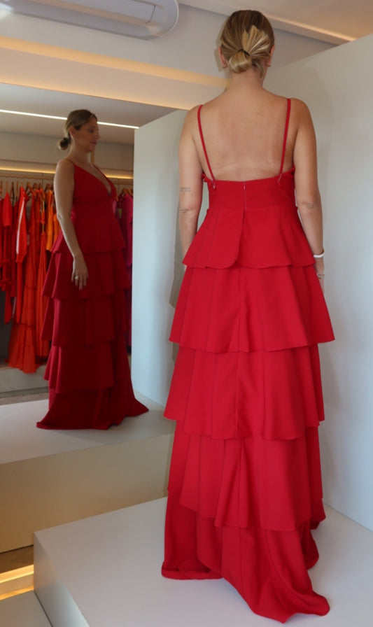 VESTIDO ALCINHA COM SAIA CAMADAS JABOUR VERMELHO