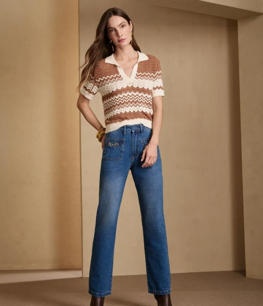 CALÇA RETA BOLSO COM ELO METAL  - AZUL
