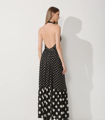 VESTIDO MAXI FRENTE ÚNICA MIX DE POÁS - PRETO
