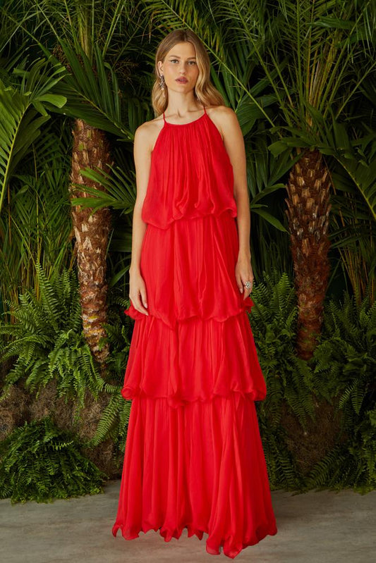 VESTIDO LONGO SEDA CAMADAS VERMELHO VITAL