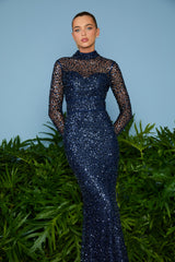 VESTIDO LONGO LENA GOLA ALTA NAVY