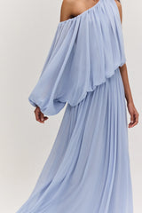 VESTIDO LONGO UM OMBRO DRAPEADO AZUL CLARO