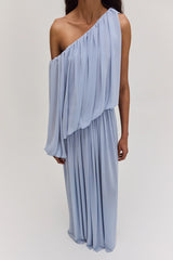 VESTIDO LONGO UM OMBRO DRAPEADO AZUL CLARO