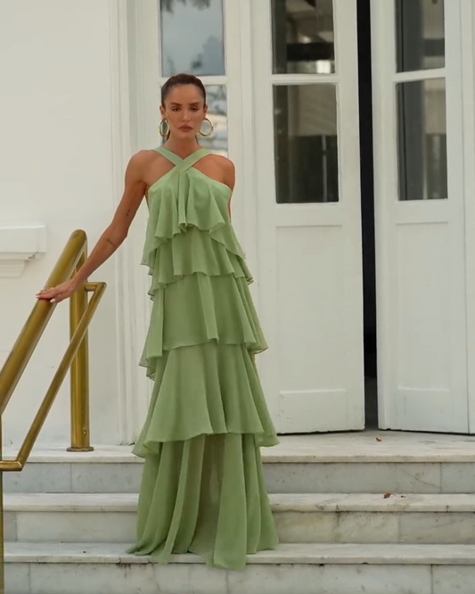 VESTIDO LONGO FRENTE ÚNICA CAMADAS LISO