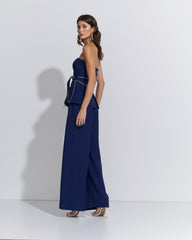 CONJUNTO BLUSA STRAPLESS CALÇA WIDE LEG CORDÃO AZUL