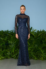 VESTIDO LONGO LENA GOLA ALTA NAVY