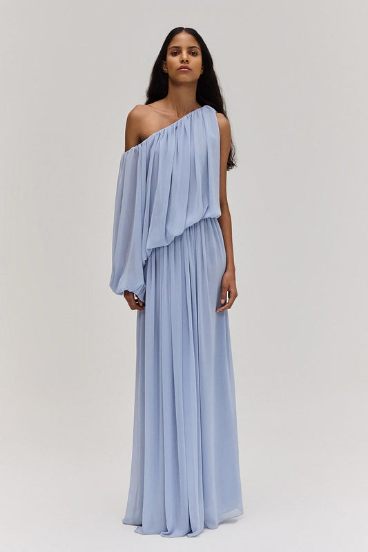 VESTIDO LONGO UM OMBRO DRAPEADO AZUL CLARO