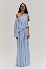 VESTIDO LONGO UM OMBRO DRAPEADO AZUL CLARO