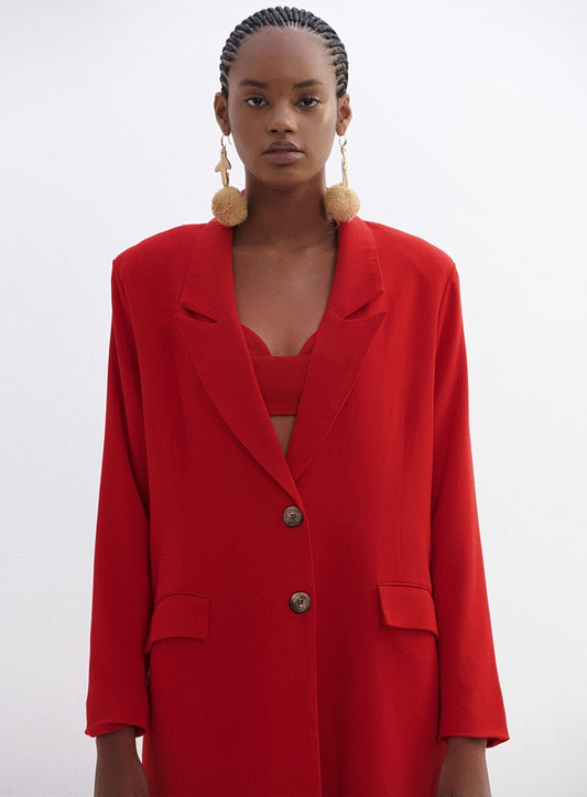 CASACO LONGO TRENCH COAT COM BOLSOS VERMELHO