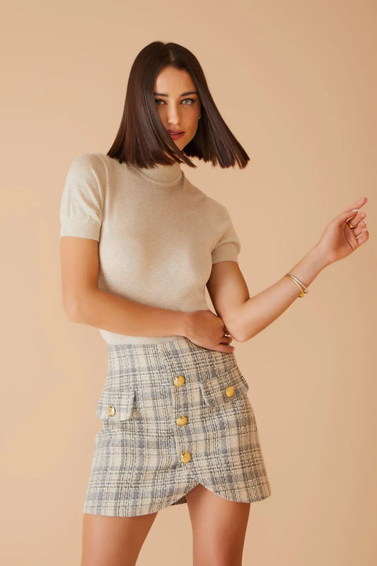 SAIA CURTA TWEED ALFAIATARIA BEGE MEL