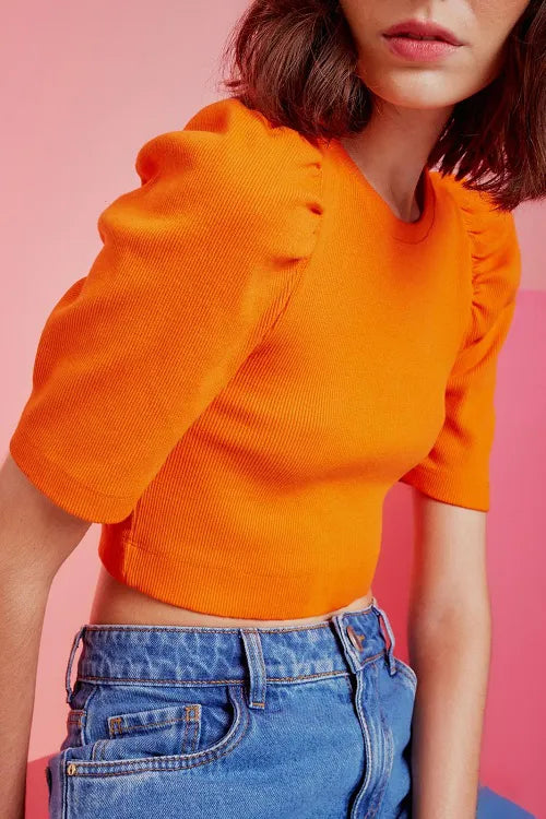 BLUSA MALHA CANELADA MANGA BUFANTE TANGERINE