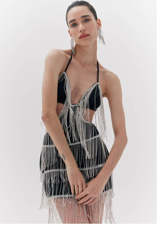 VESTIDO COM FRANJAS PRETO