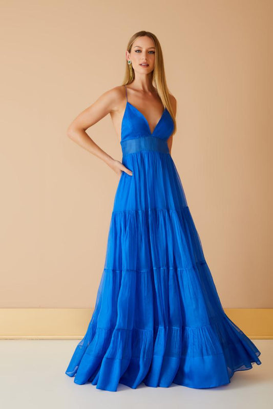 VESTIDO LONGO BOTOES COSTAS AZUL KLEIN